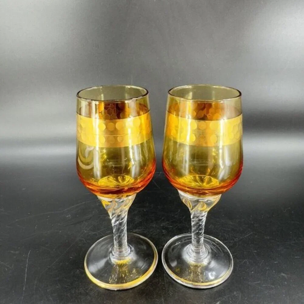 Vintage Czech Bohemian Small‎ Goblet Drinking Glasses Set 2 Amber Clear Bottom